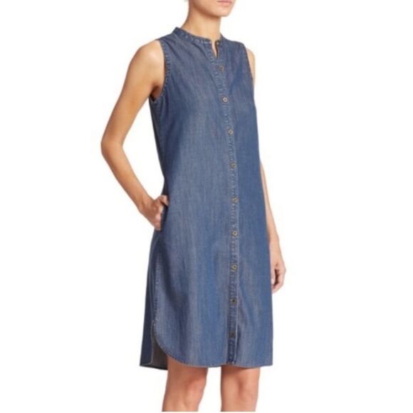New eileen fisher denim sleeveless button down mandarin collar shift dress - Picture 1 of 8